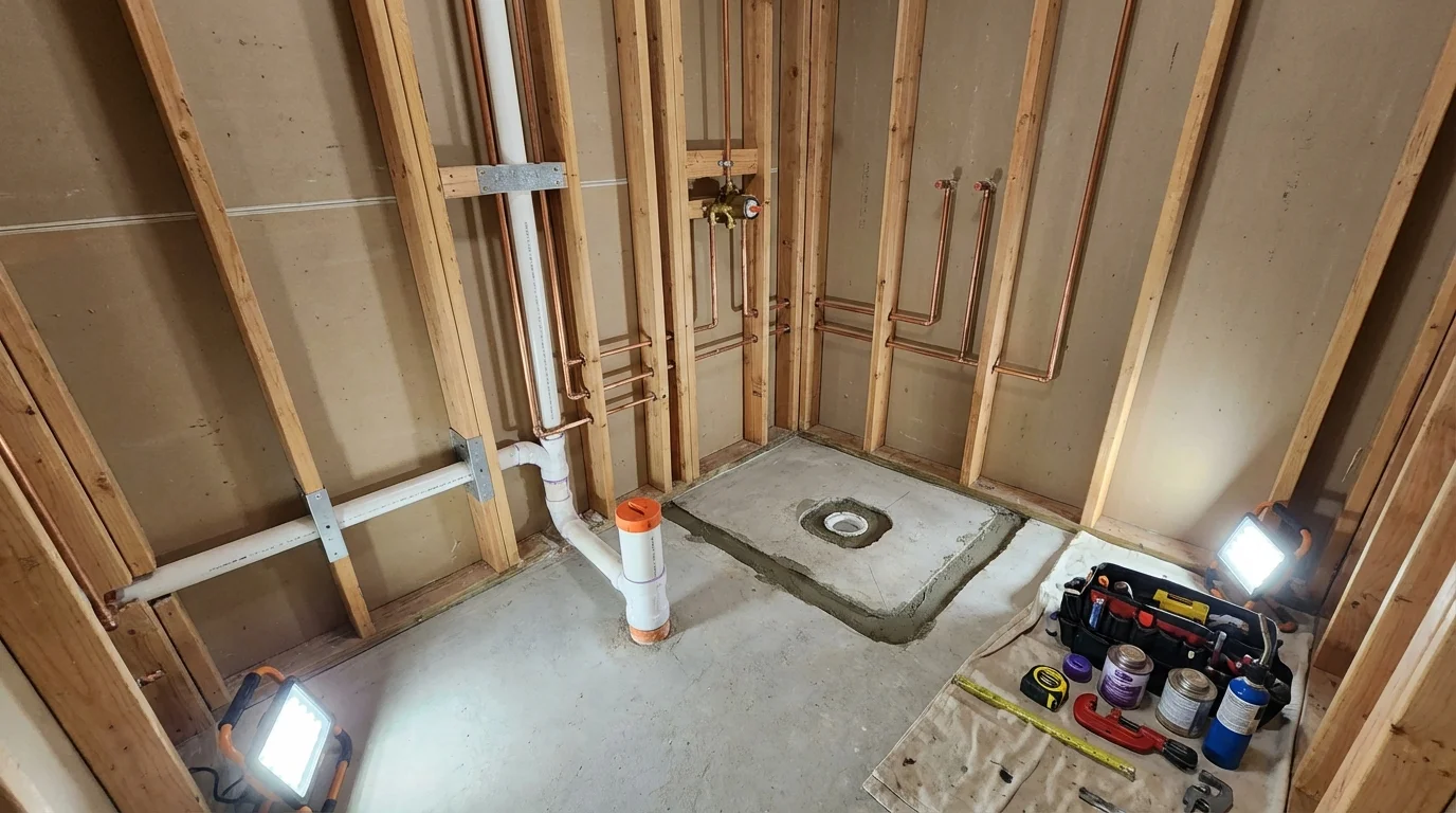 Bathroom rough-in plumbing during remodel by Johns Plumbing LLC in Capron