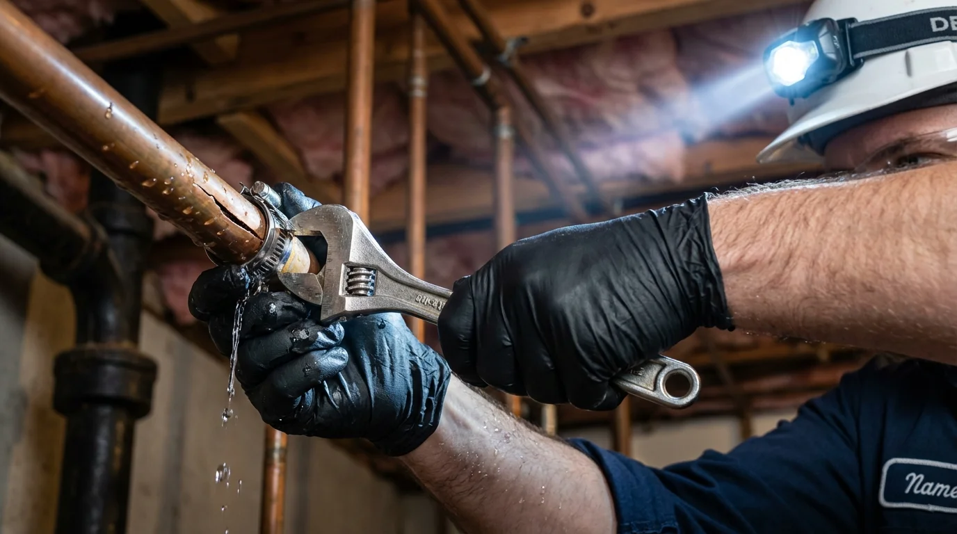 Emergency pipe clamp repair being performed by a Johns Plumbing LLC plumber in Capron