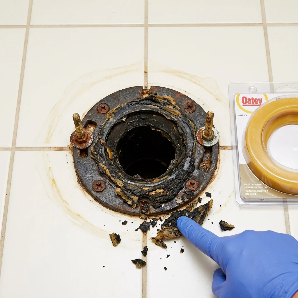 Failed wax ring showing water seepage at the base of a toilet in a Capron, IL home