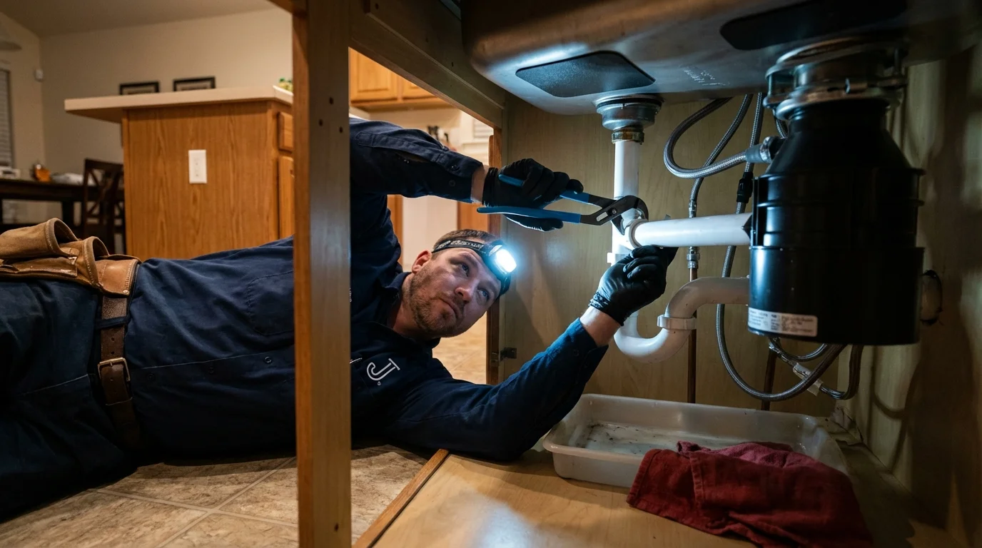 P-trap and supply line connections under a kitchen sink showing a common leak point in Capron, IL